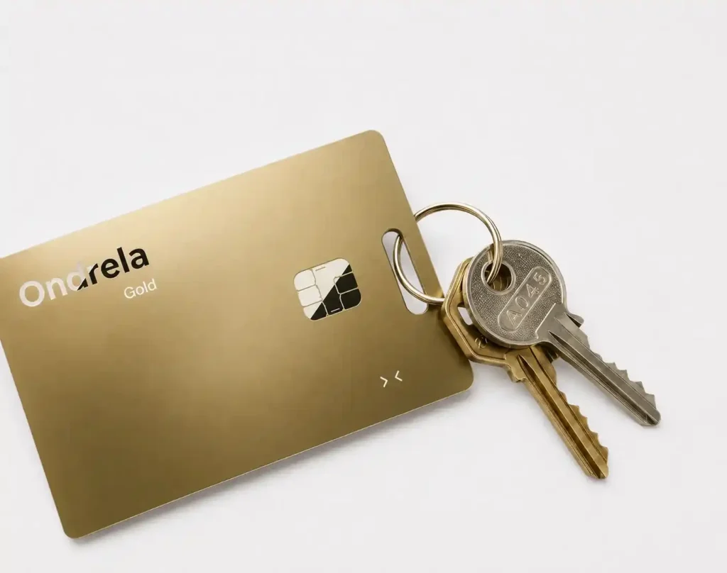 Ondrela Gold tracker card beside keys